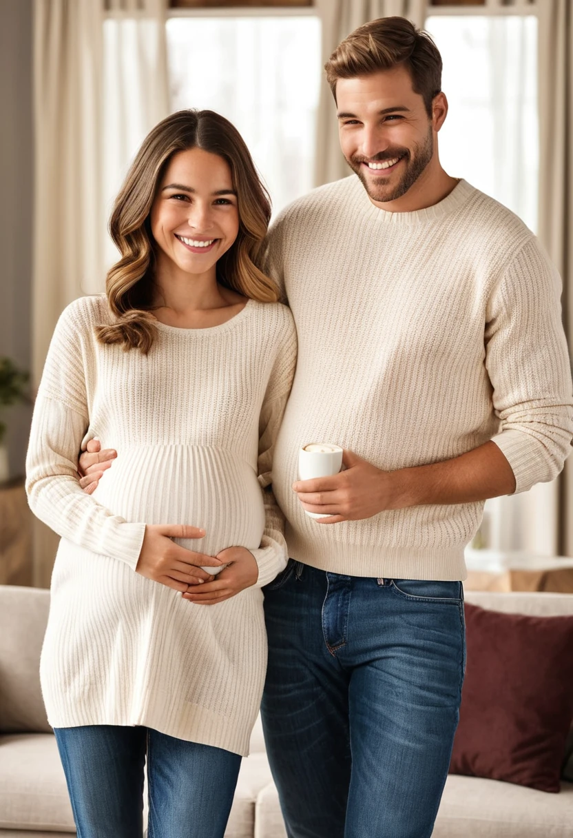 A heartwarming family image featuring two pregnant European sisters in their 5th month. Both sisters are wearing semi-transparent pink body outfits, slightly different in design but similar in color and style. The first sister, with blonde hair pulled back into a neat bun, is comfortably sitting on the lap of her European father, who has salt-and-pepper hair and a gentle smile. The second sister, with wavy brown hair cascading over her shoulders, is warmly nestled in her European brother's lap, who has short-cropped hair and a playful grin.

Happiness and peace emanate from their expressions, their hands tenderly resting on their baby bumps. The fathers-to-be, both European, stand upright nearby. One has a muscular build with dark hair and a trimmed beard, wearing a casual yet stylish outfit. The other has a leaner frame with light brown hair and is clean-shaven, dressed in a cozy sweater and jeans. Their faces light up with pride and affection as they admire their pregnant partners.

The setting is a beautifully illuminated homely living room. The room has large windows with soft, sheer curtains that allow natural light to flood in. A comfortable beige sofa with colorful throw pillows sits against one wall, and a wooden coffee table with a vase of fresh flowers and some family photo frames is placed in front of it. A plush rug lies on the floor, and in one corner of the room, there is a bookshelf filled with books and decorative items. The walls are painted in a warm, inviting color, and there are a few pieces of tasteful artwork hanging on them. The overall atmosphere of the room reverberates with feelings of familial bond and warmth.