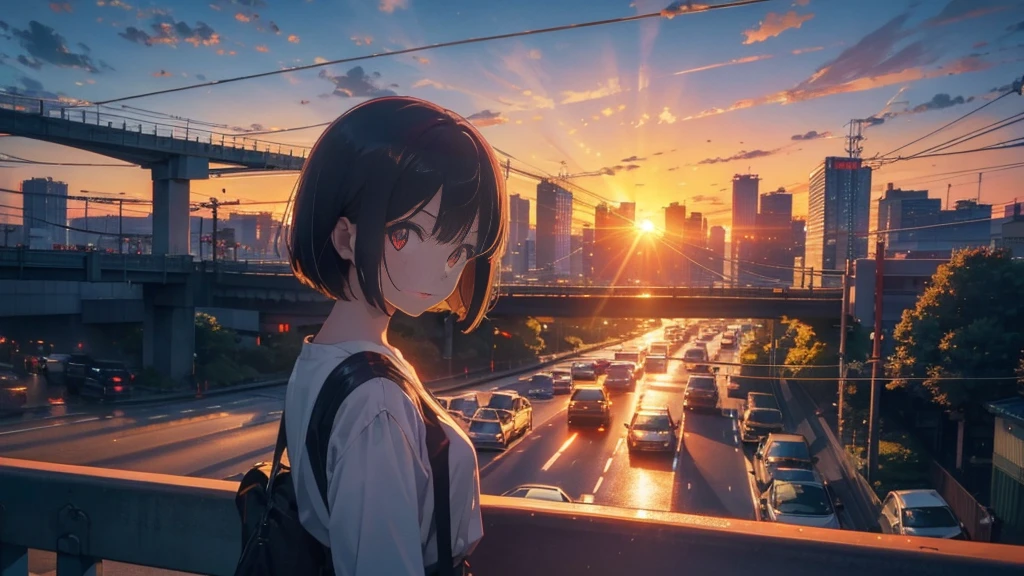 A shining sunset,sunset,Cars passing by on the road,Top-down view,Tokyo city,traffic jam,A girl with short bob hair and red eyes looking down on a footbridge