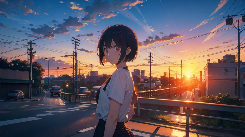 A shining sunset,sunset,Cars passing by on the road,Top-down view,Tokyo city,traffic jam,A girl with short bob hair and red eyes looking down on a footbridge
