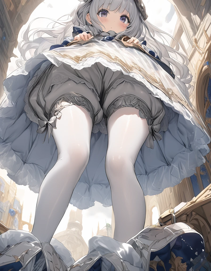 (Highly detailed CG Octane render 8k wallpaper), The most beautiful works of art in the world, Full body shot from below, Complex, High detail, 8Year old girl, Gold and silver embroidery, Grey Pearl Medieval Mini Dress(With panniers), Translucent fabric, Please lift your skirt, Strong winds, Translucent slip, Grey translucent tights, Peeking from below, Highest quality, Disorder of clothing, Lying down, underwear, Show off your thighs, night、Wearing bloomers