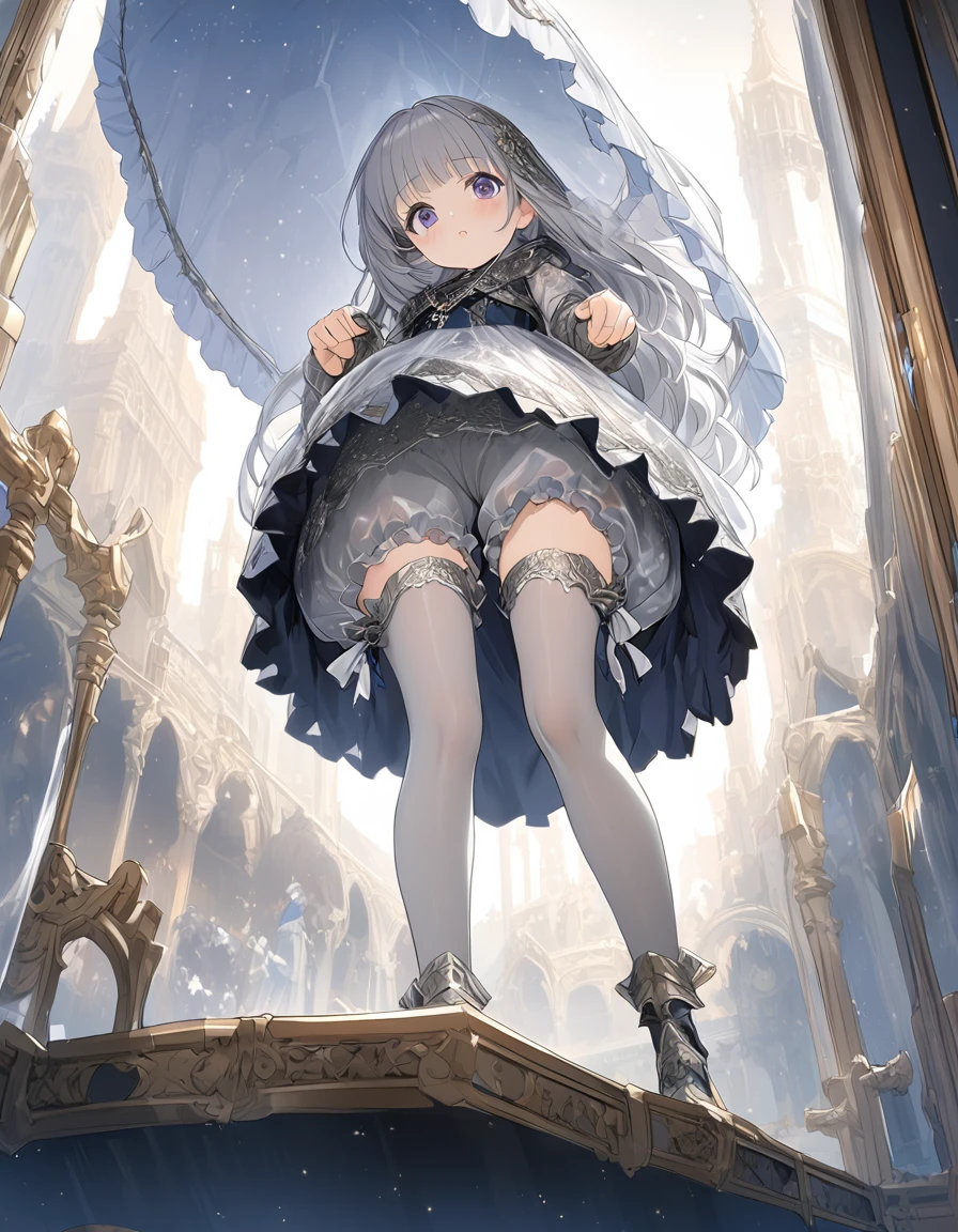 (Highly detailed CG Octane render 8k wallpaper), The most beautiful works of art in the world, Full body shot from below, Complex, High detail, 8Year old girl, Gold and silver embroidery, Grey Pearl Medieval Mini Dress(With panniers), Translucent fabric, Please lift your skirt, Strong winds, Translucent slip, Grey translucent tights, Peeking from below, Highest quality, Disorder of clothing, Lying down, underwear, Show off your thighs, night、Wearing bloomers