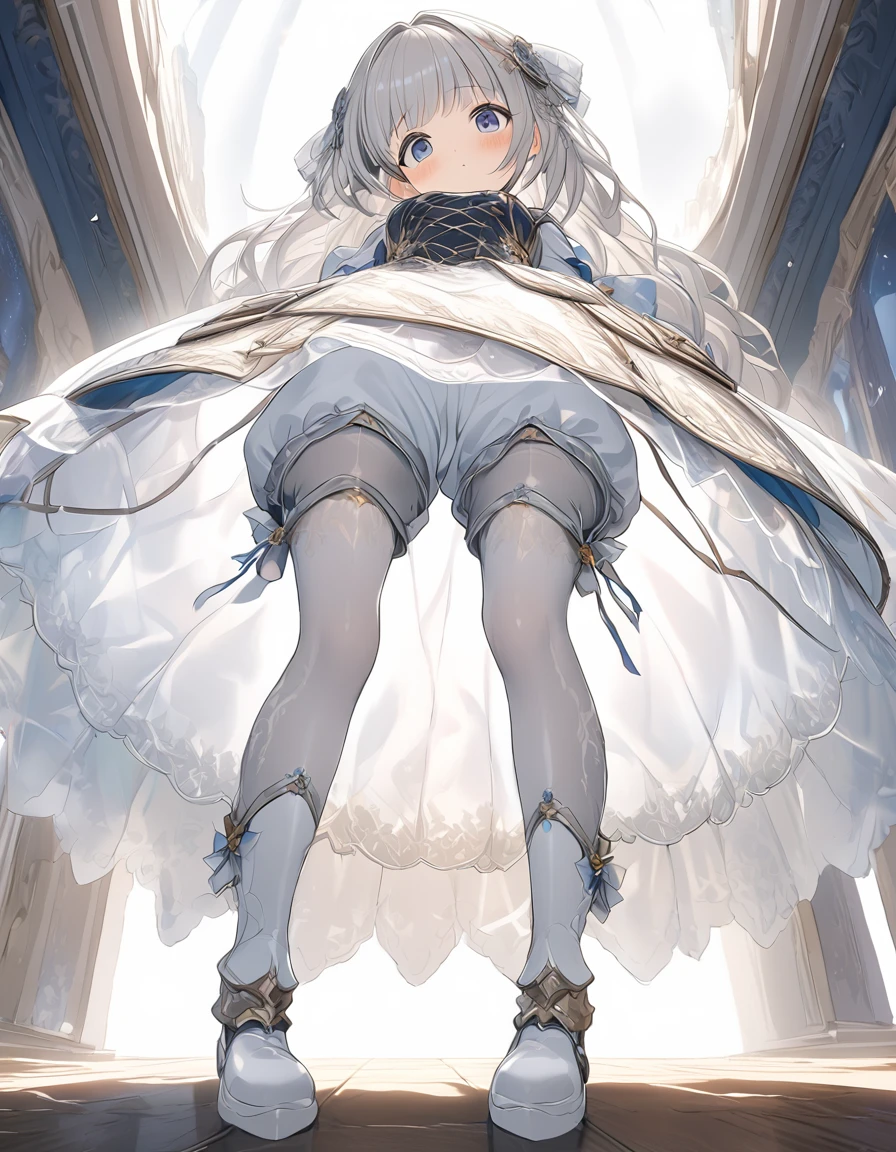 (Highly detailed CG Octane render 8k wallpaper), The most beautiful works of art in the world, Full body shot from below, Complex, High detail, 8Year old girl, Gold and silver embroidery, Grey Pearl Medieval Mini Dress(With panniers), Translucent fabric, Please lift your skirt, Strong winds, Translucent slip, Grey translucent tights, Peeking from below, Highest quality, Disorder of clothing, Lying down, underwear, Show off your thighs, night、Wearing bloomers