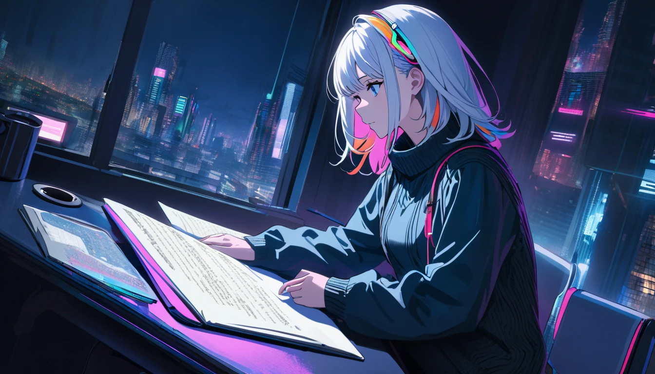 8k Handsome cute, Solitary, 1 female, Medium Length Hair, white hair, Rainbow hair, blue Eyes, Rainbow headphone, knit dress, Futuristic, Cyberpunk, Cybernetics panoramic, in the night, looking away, Sitting, studying, desk on the coffee, background is city pop,