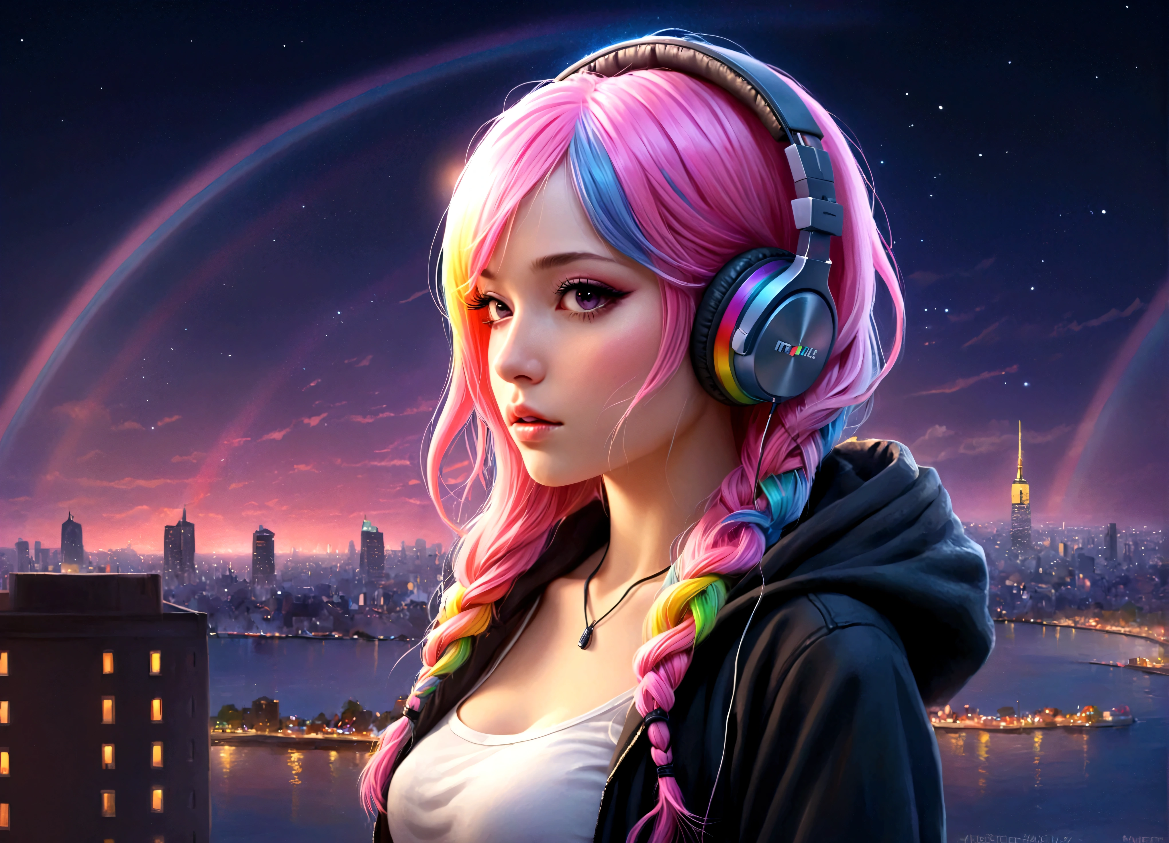 masterpiece, highest quality, beautifully (One girl), Very detailed,colorful, Most detailed、Pink rainbow hair, headphones on, night time 