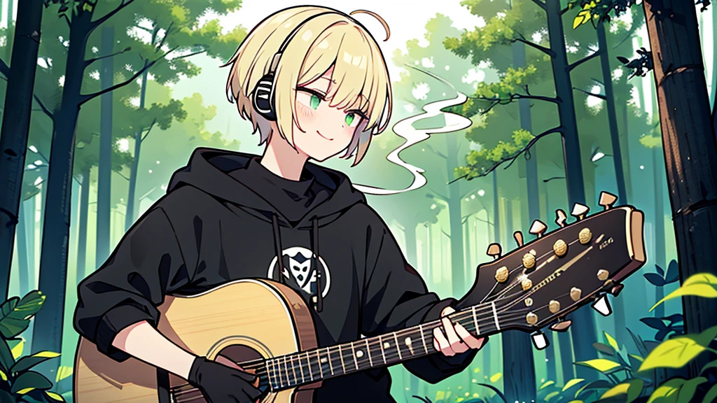 ((highest quality)), ((masterpiece)), (be familiar with), (Playing guitar in the woods)short hair、perfect face,white half-up hair,green mesh blonde、Smoke a cigarette、cool black hoodie,headphones,black gloves,turtleneck,alone,İcon、profile、Right beside、Expressionless、smile、Light-colored clothing