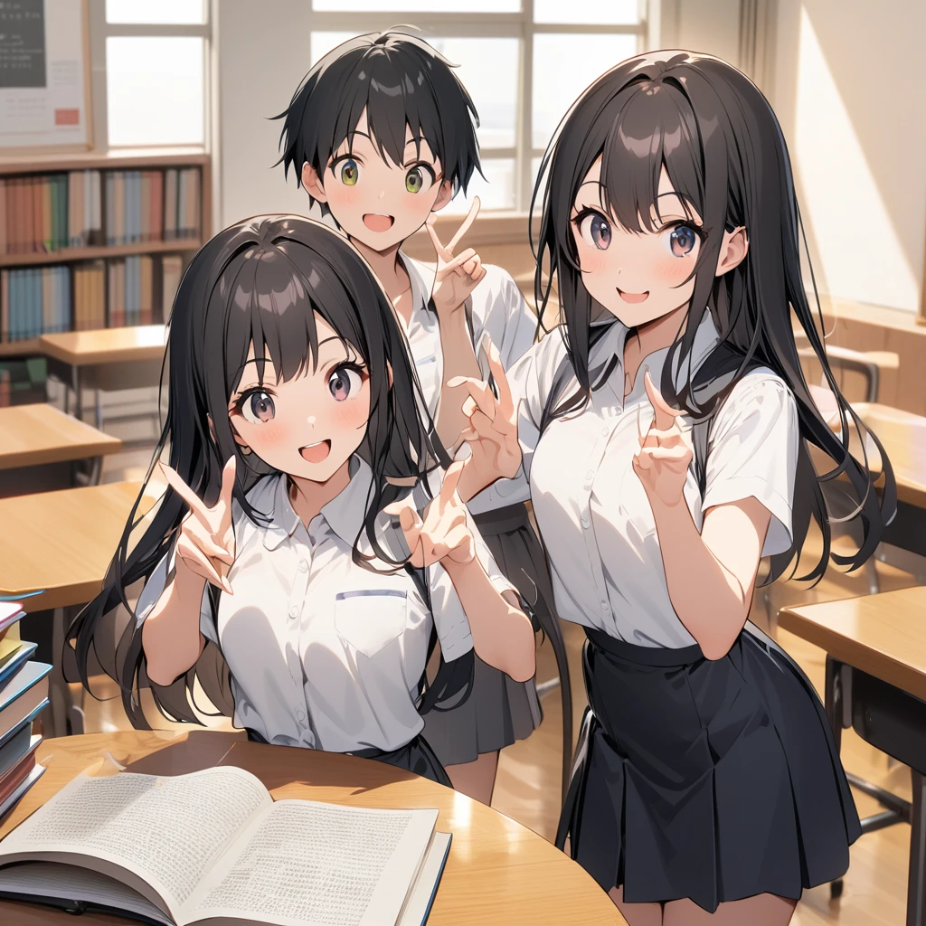 A confident smile, Two students demonstrating a gesture commonly associated with a peace sign while speaking by textbook, skirt, Black Hair, indoor, in, Book, shirt, ((((complete fiine fingers))))
