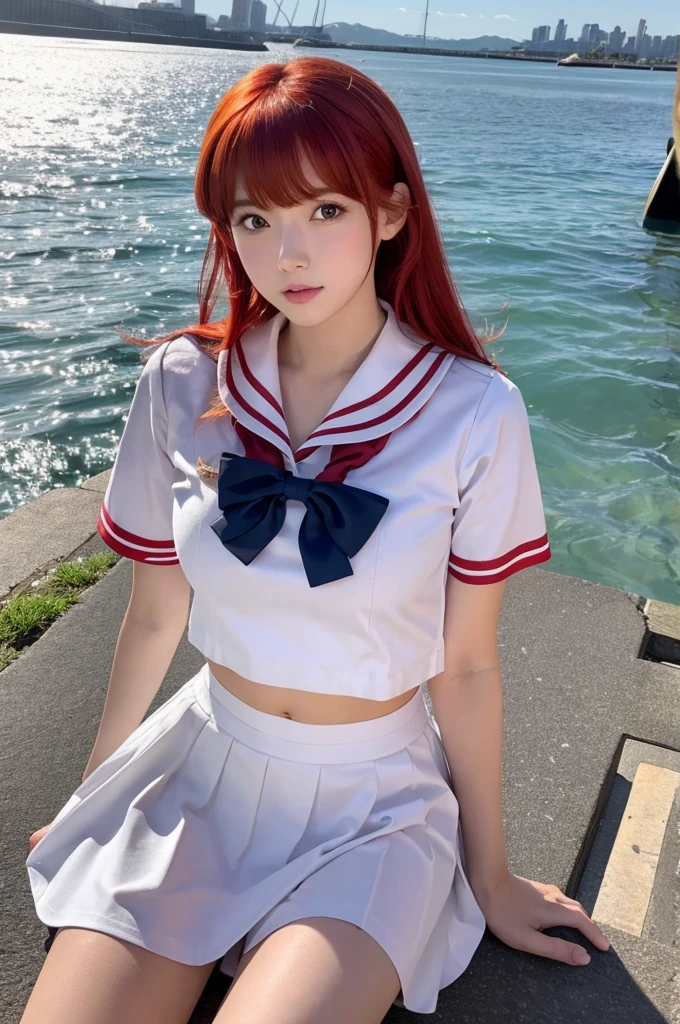 A picture of a JK with red hair, wearing a sailor uniform, and a C cup