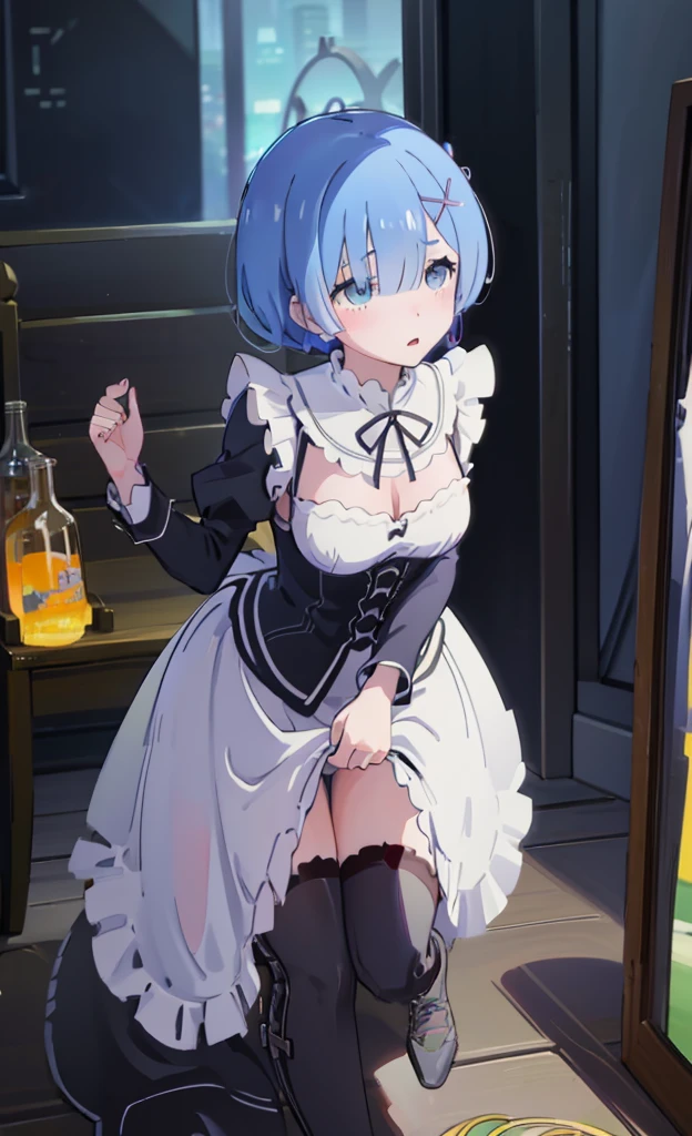 チdress、On all fours、bra、I can see her panties、I can see the valley、dress、Leaning forward、On all fours、Blushing、、Glamorous expression、Blushing、Blue Hair