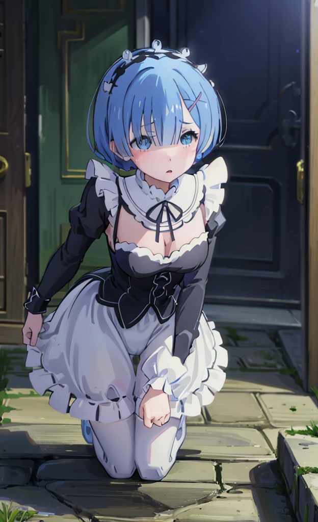 チdress、On all fours、bra、I can see her panties、I can see the valley、dress、Leaning forward、On all fours、Blushing、、Glamorous expression、Blushing、Blue Hair