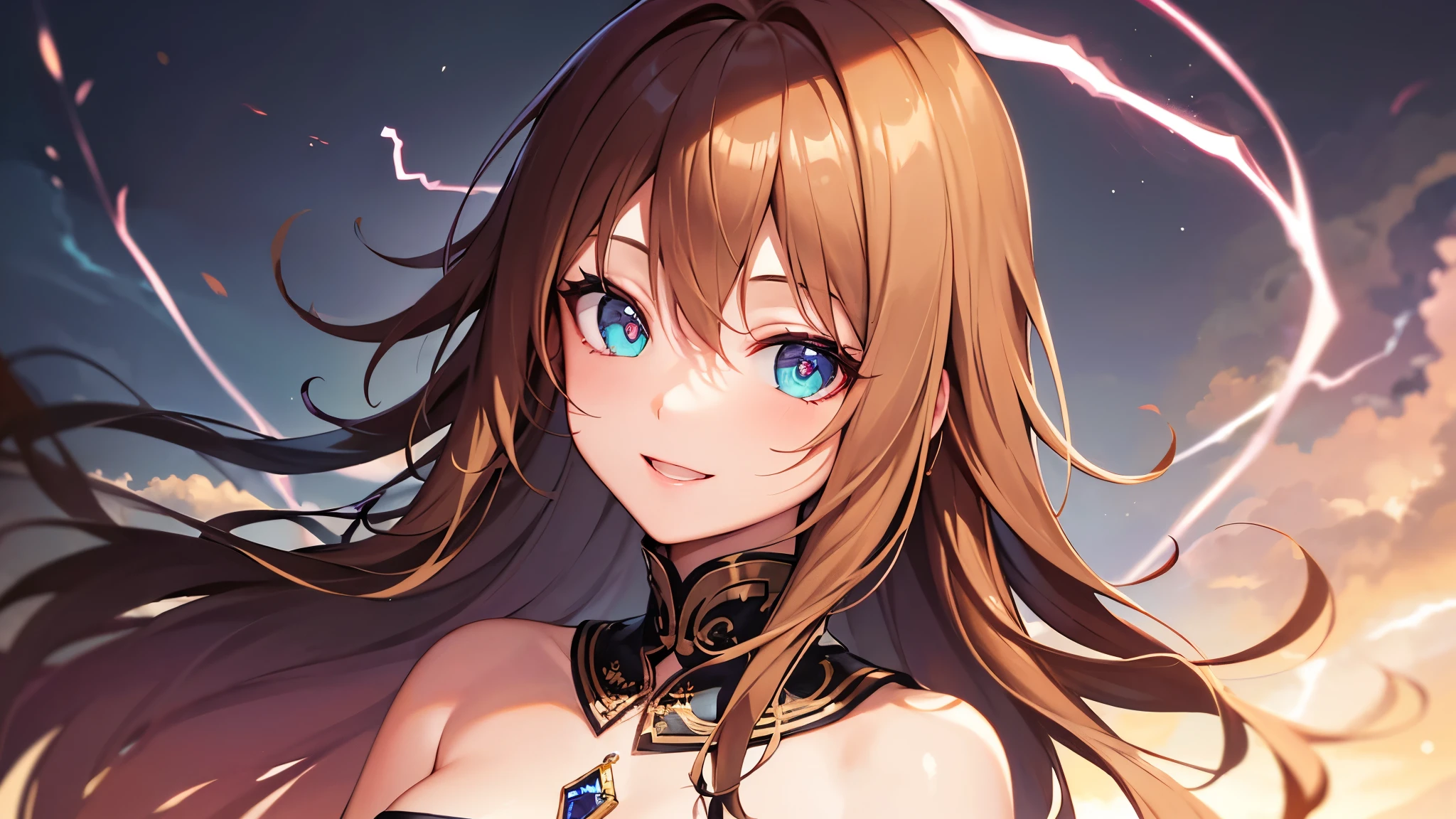 Highest quality, 8K, 4K, High resolution, (Beautifully detailed face), High Contrast,Colorful Hair,Colorful and clear eyes,Upper Eye,Small breasts,２０generation, The magic of lightning, Brown Skin, Happy, Upper Body, smile , One girl