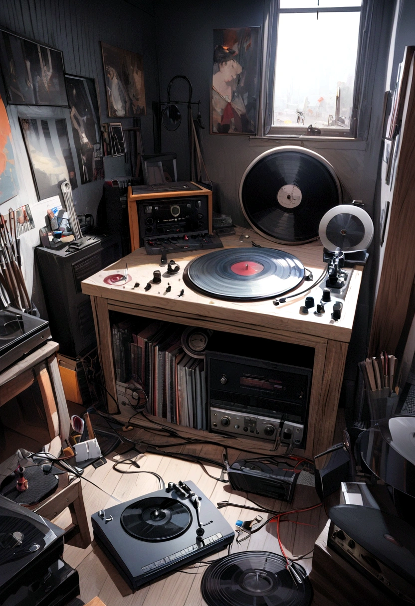 Create a hyper-realistic digital image A bustling music studio filled with modern equipment (representing Gen Z). A weathered record player with a vinyl spinning sits in the corner (representing Gen X). Both generations are creating music, but with different styles and tools