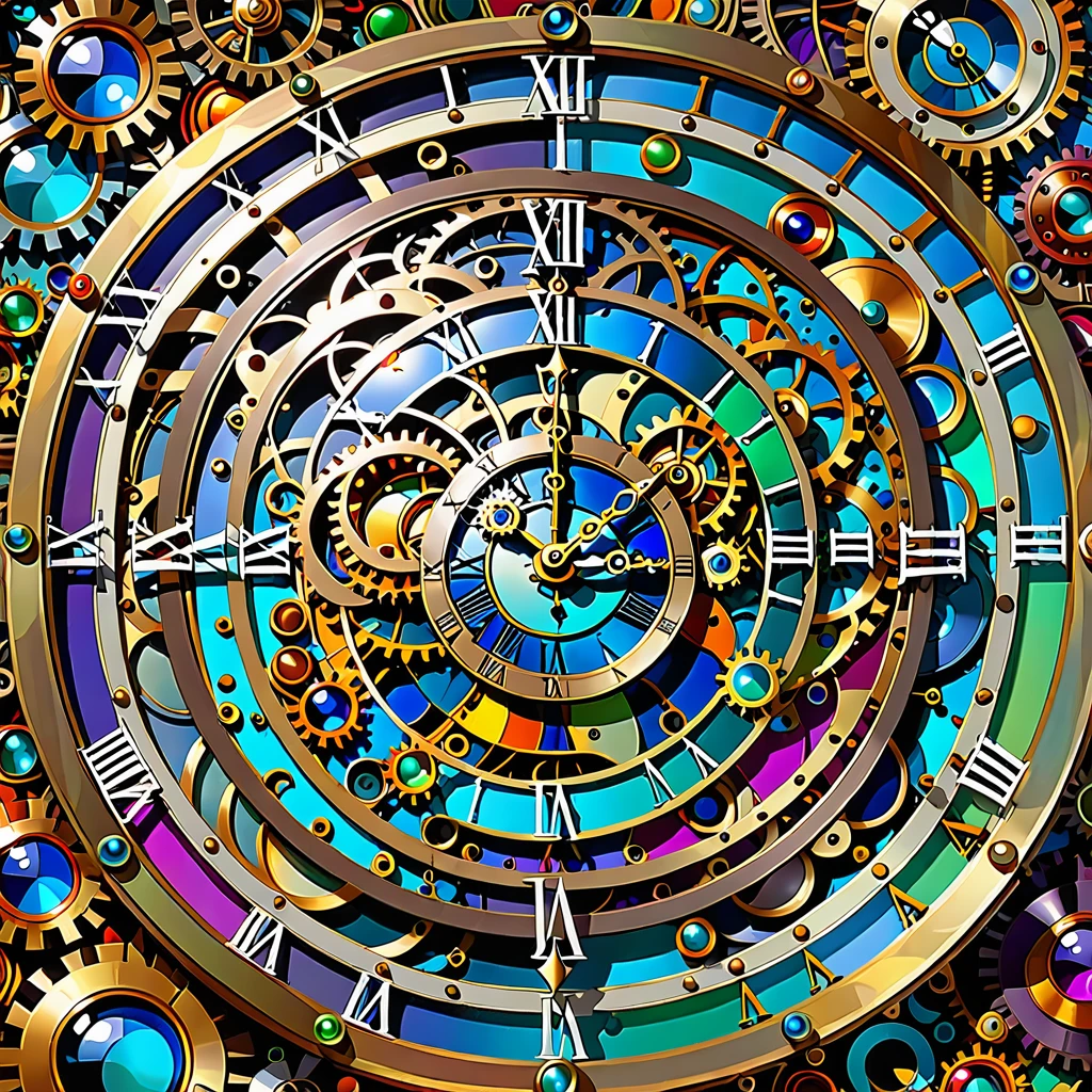 a close up of a clock with many different colored circles, elaborate digital art, maximalism digital art, the flow of time. complex shapes, intricate and epic composition, steampunk digital art, psychedelic surreal art, digital visionary art, digital steampunk art, intricate digital painting, intricate futurism, intricate digital art, digital intricate art, intricate detailed digital art, intricate digital artwork