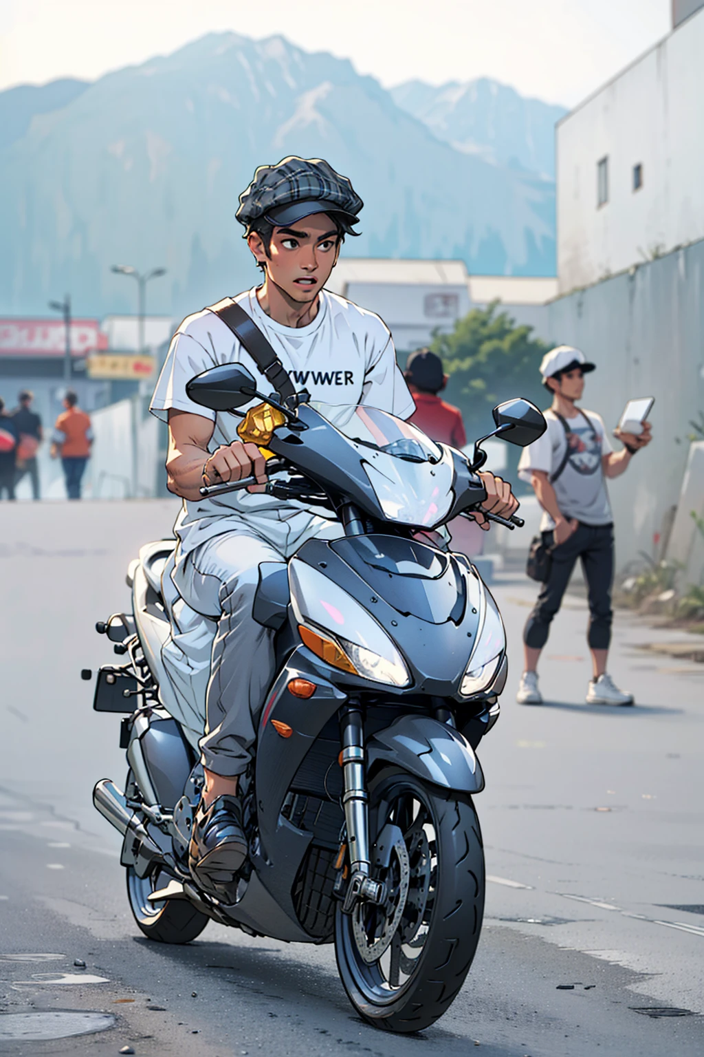 (extremely detailed CG unity 8k wallpaper), the most beautiful artwork in the world, rider, wearing t shirt and newsboy cap, riding motorcycle, outdoor