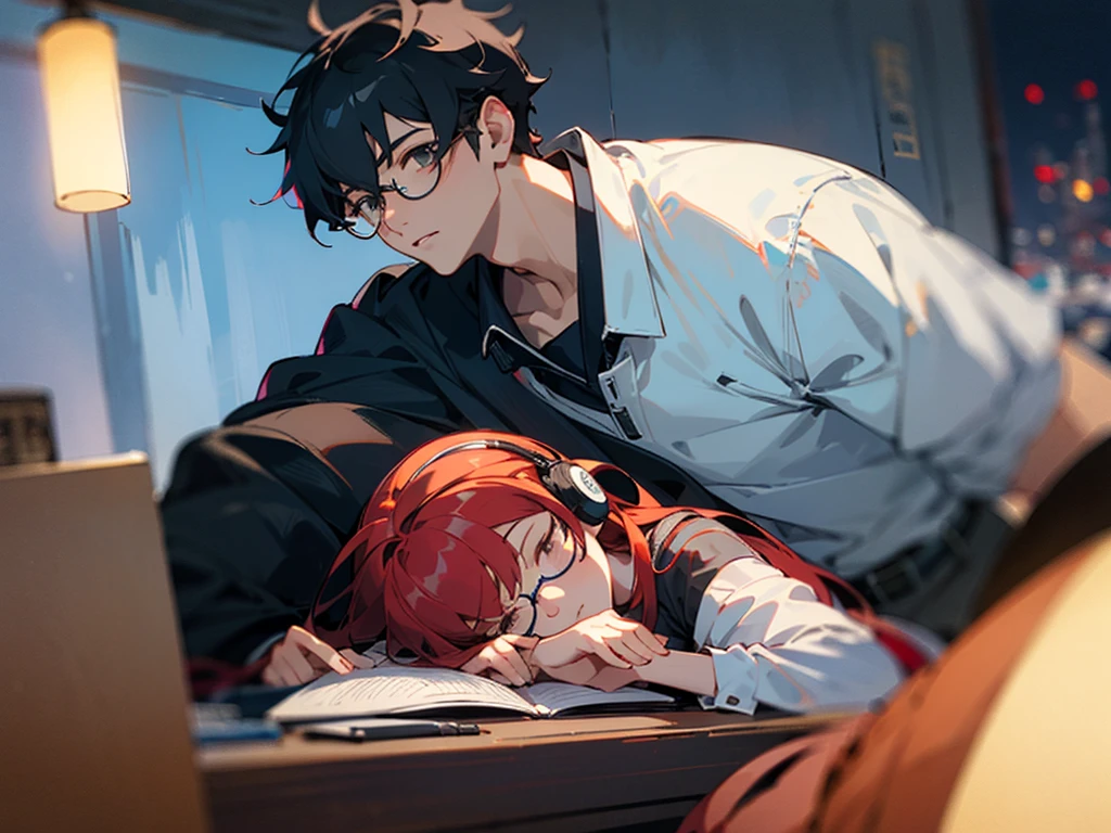 A man with black hair and glasses studying at night、A redhead woman is relaxing next to him, listening to headphones、４ｋ、Anime atmosphere、28 years old