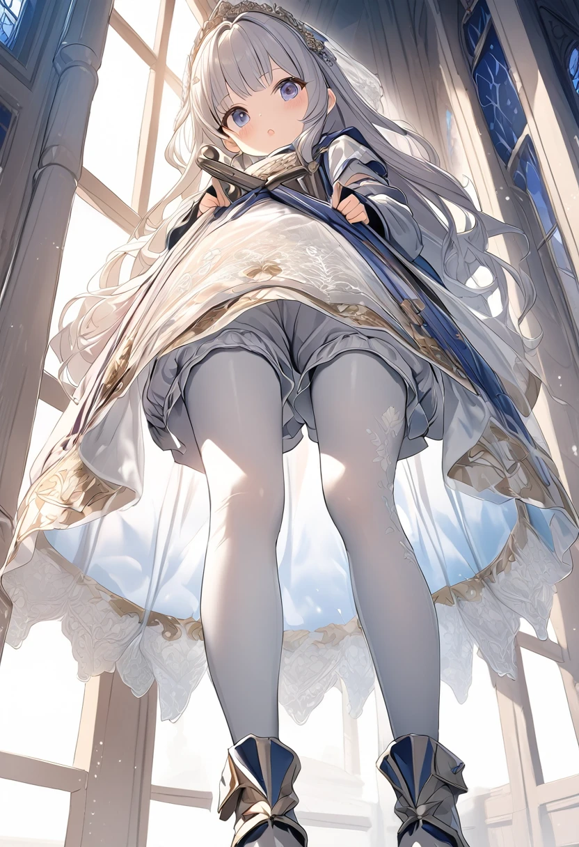(Highly detailed CG Octane render 8k wallpaper), The most beautiful works of art in the world, Full body shot from below, Complex, High detail, ８Year old girl, Gold and silver embroidery, Grey Pearl Medieval Mini Dress（With panniers）, Translucent fabric, Please lift your skirt, Strong winds, Translucent slip, Grey translucent tights, Peeking from below, Highest quality, Disorder of clothing, Lying down, underwear, Show off your thighs, night、Wearing bloomers