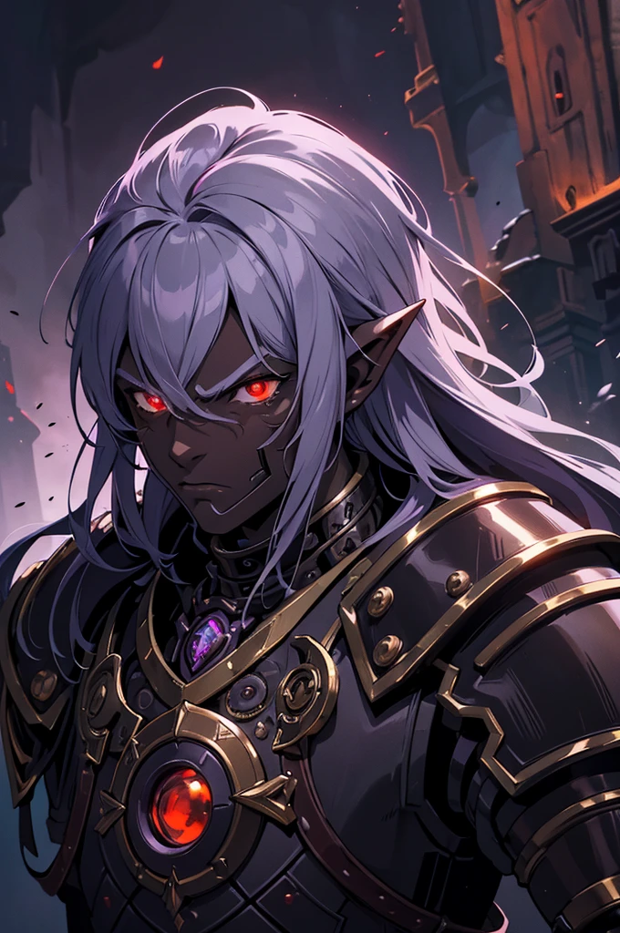 masterpiece, best quality, ultra high res, dark theme, 1boy, (dungeonpunk armor), (mechanical steampunk armor), (wearing armor), fantasy illustration, dark skinned, human, upper body, portrait, red eyes, long white hair, half-drow, pointy ears, serious face, young man, dramatic lighting, purple hue, art by Kinema Citrus