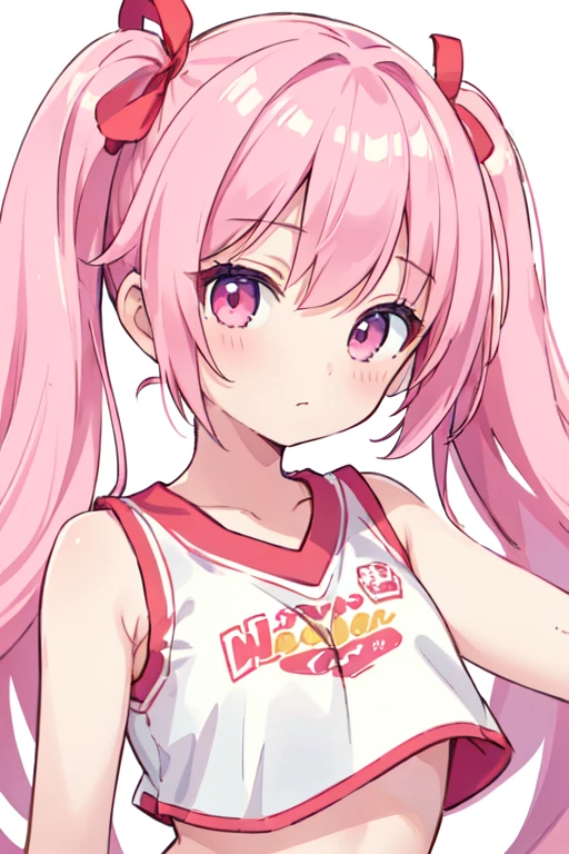 (best quality, masterpiece:1.2), ultra detailed, extremely detailed eyes and face, natural skin texture, detailed skin, natural lighting, chibi, 1 girl, 14-years-old, (cute), twin tails, pink hair, shiny hair, pink eyes, small breasts, BREAK cheerleader, white and red crop top, white and red sleeveless shirt, white background, upper body,