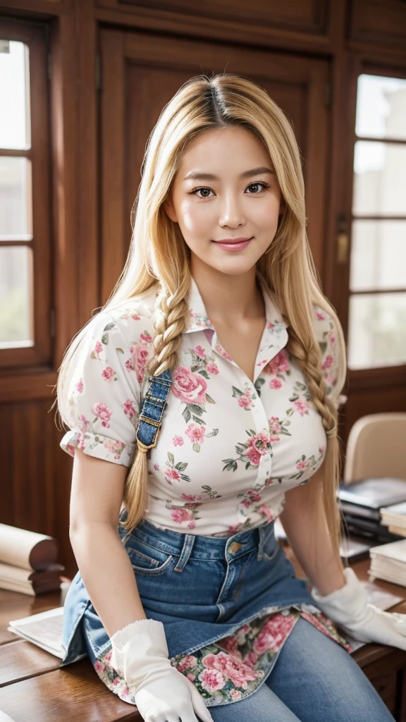 A beauty，Chinese Face，Blonde braided long hair，Age is about 35 years old，Sexy plump slightly fat，tall and big，Fair skin and beautiful appearance，Good temperament，Floral shirt school uniform top，Denim skirt，Wearing plush gloves，Blurred and deep eyes，Delicate, beautiful and fair skin，Soft，Soft and beautiful temperament，Smile，Sunlight，Reclining on your desk，Slightly fat and tall，Loose