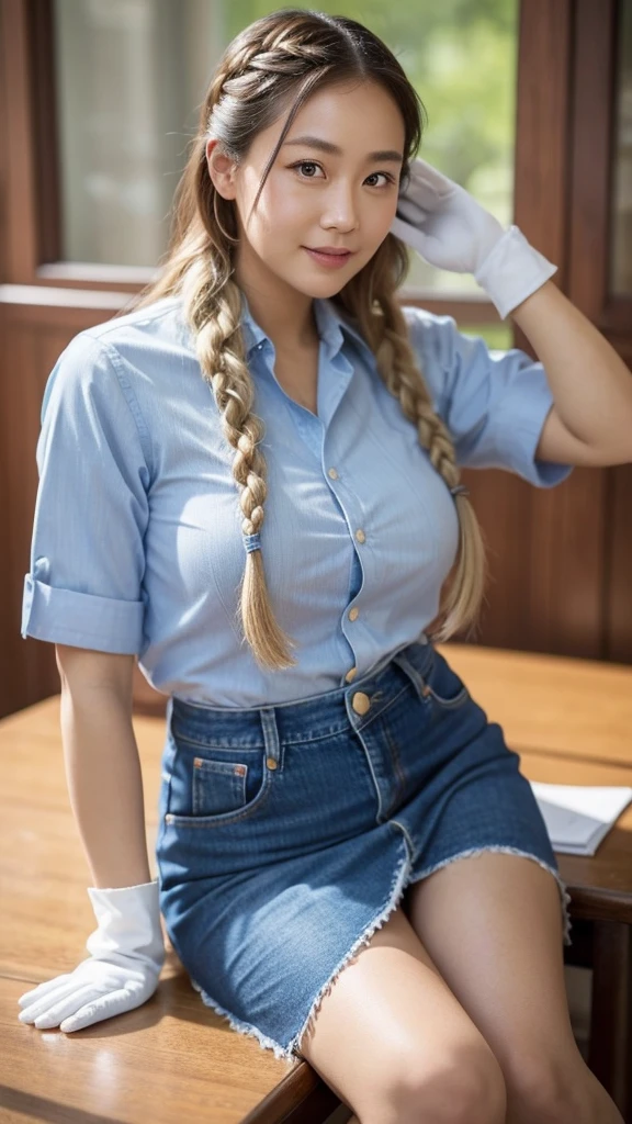 A beauty,Chinese Face,Blonde braided long hair,Age is about 35 years old,Sexy plump slightly fat,tall and big,Fair skin and beautiful appearance,Good temperament,Floral shirt school uniform top,Denim skirt,Wearing plush gloves,Blurred and deep eyes,Delicate, beautiful and fair skin,Soft,Soft and beautiful temperament,Smile,Sunlight,Reclining on your desk,Slightly fat and tall,Loose
