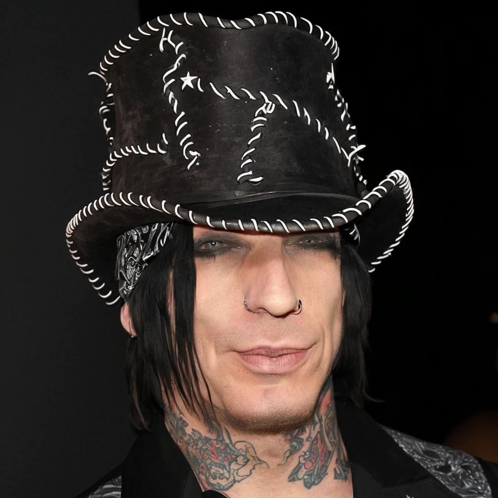 arafed man with a hat and tattoos on his face, jean deville, inspired by James Bolivar Manson, he is wearing a top hat, marilyn manson, he is wearing a hat, eddie, taken in the late 2010s, top hat, grim-hatter, christian, with a weird hat, wears a destroyed hat