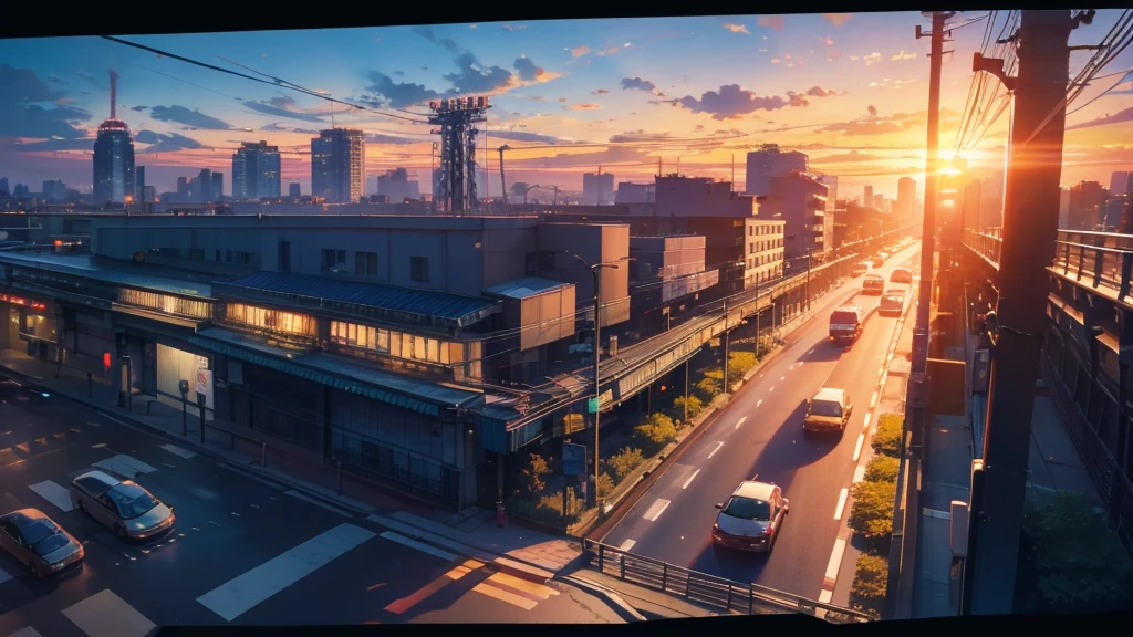 A shining sunset,sunset,Cars passing by on the road,Top-down view,Tokyo city,traffic jam,A girl with short bob hair and red eyes looking down on a footbridge