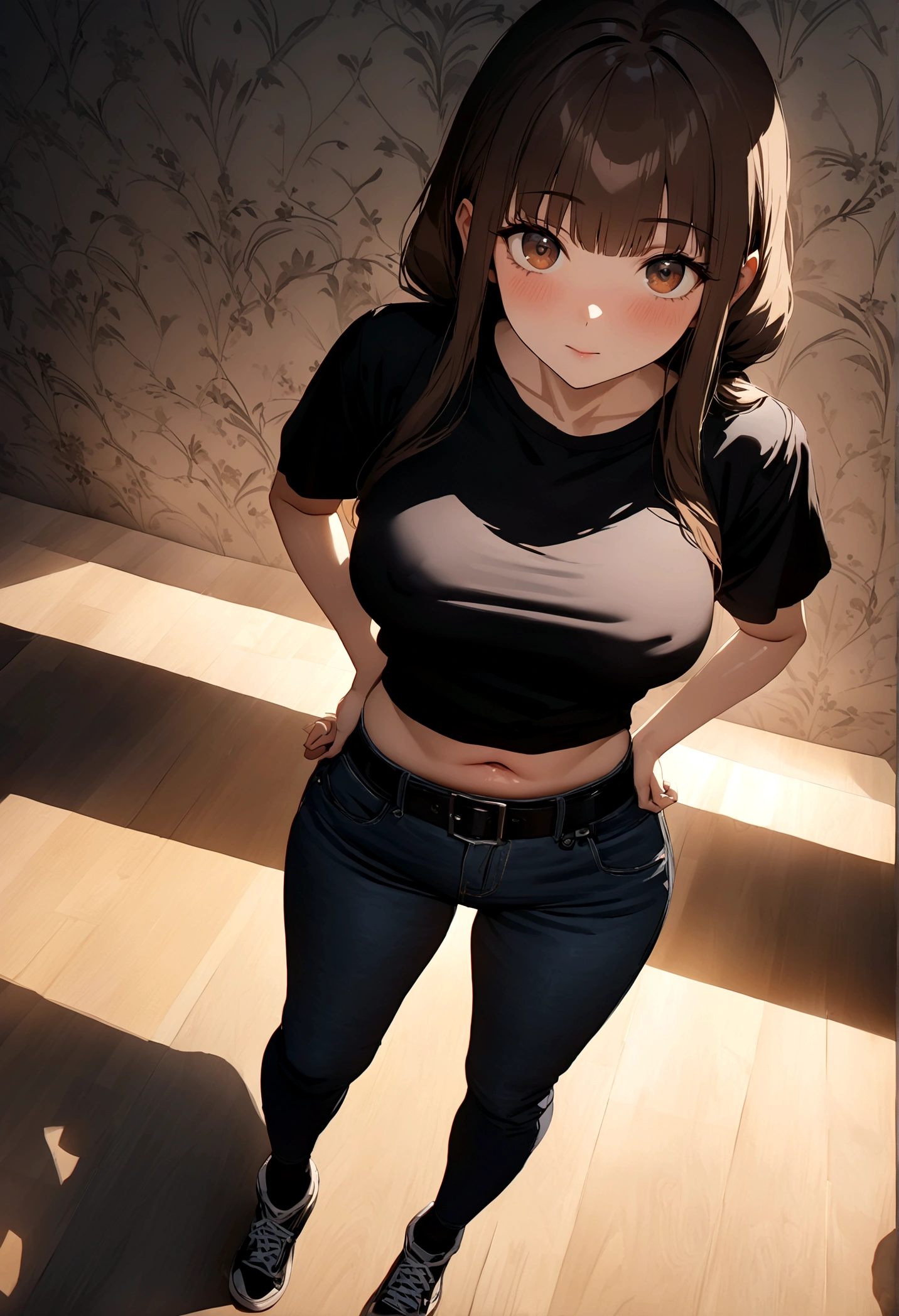 ultra high res, height 178 , weight 115 kg, thick, not swollen, sneakers (Black with green streaks), Jeans "turn up" (black), Belt (leatherette black), black socks, T-shirt (beige), denim shirt (gray), brown eyes, short dark brown hair, normal eyes, long eyelashes, male, alone. quality\(8k,wallpaper of extremely detailed CG unit, ​masterpiece,hight resolution,top-quality,top-quality real texture skin,hyper realisitic,increase the resolution,RAW photos,best qualtiy,highly detailed,the wallpaper,cinematic lighting,ray trace,golden ratio\),[nsfw],dynamic angle,[nsfw],from above