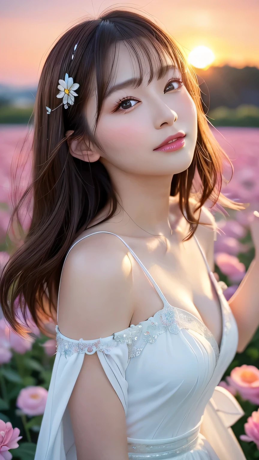 (Tabletop、Highest quality、8K、Award-winning works、Ultra-high resolution)、(One Mature Woman:1.1)、 (Beautiful at 40 years old:1.1)、(The most elegant and beautiful spring clothes:1.1)、(Background of a flower field with countless blooming flowers:1.1)、(The background is a colorful flower field:1.1)、(Perfect Anatomy:1.1)、Face close-up、Shiny and beautiful hair、Ultra HD sparkling brown eyes、(Glowing Beautiful Skin:1.1)、(Very Bright Glowing Beautiful Skin:1.1)、Beautiful glossy lips、The most romantic love mood(very bright and vivid:1.1)、(very bright and vivid:1.1)、(Romantic and fantastic sunset:1.1)、Spectacular Cinema Lighting