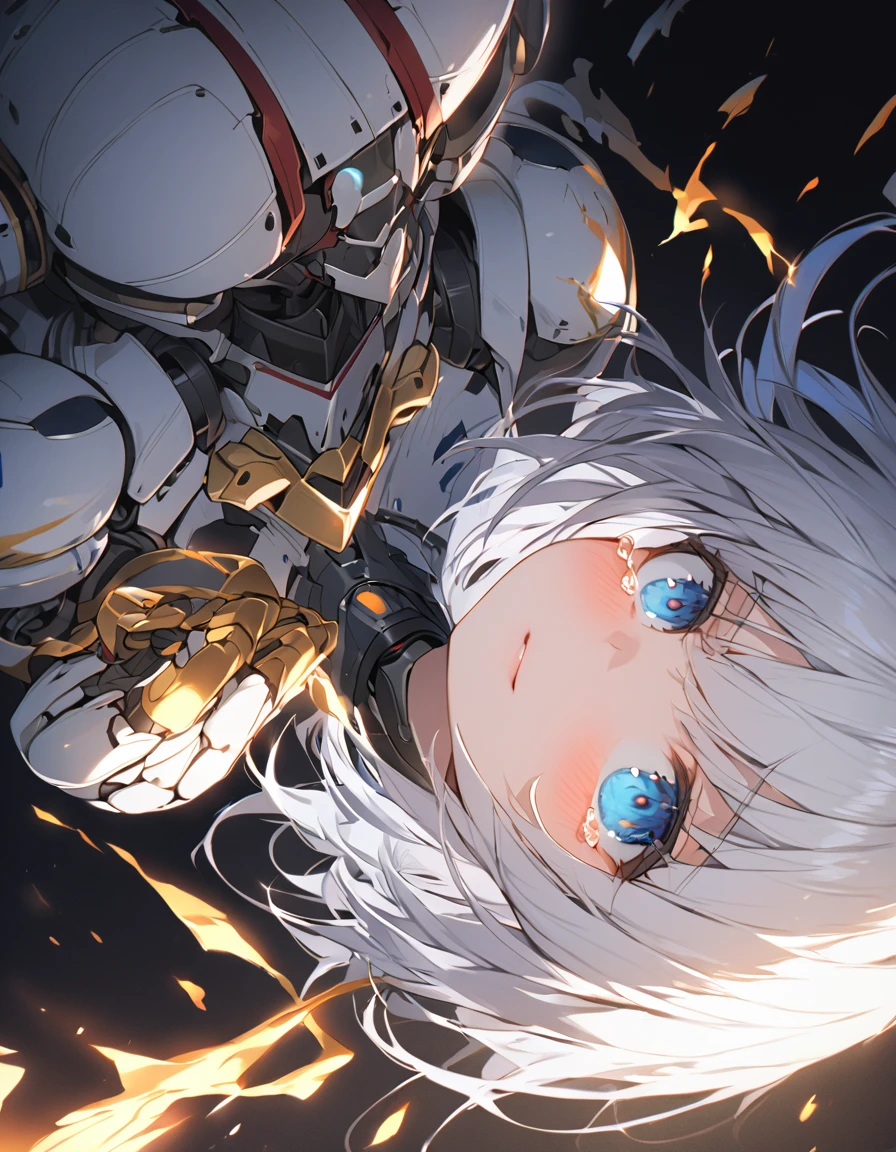 The white-haired girl cried sadly　　Mechanical joints　傑作 A girl fighting with golden flames (Short Bob Hair:1.4),(blue eyes)glowing flame big tits golden flame on fist　Perfect Fingers

