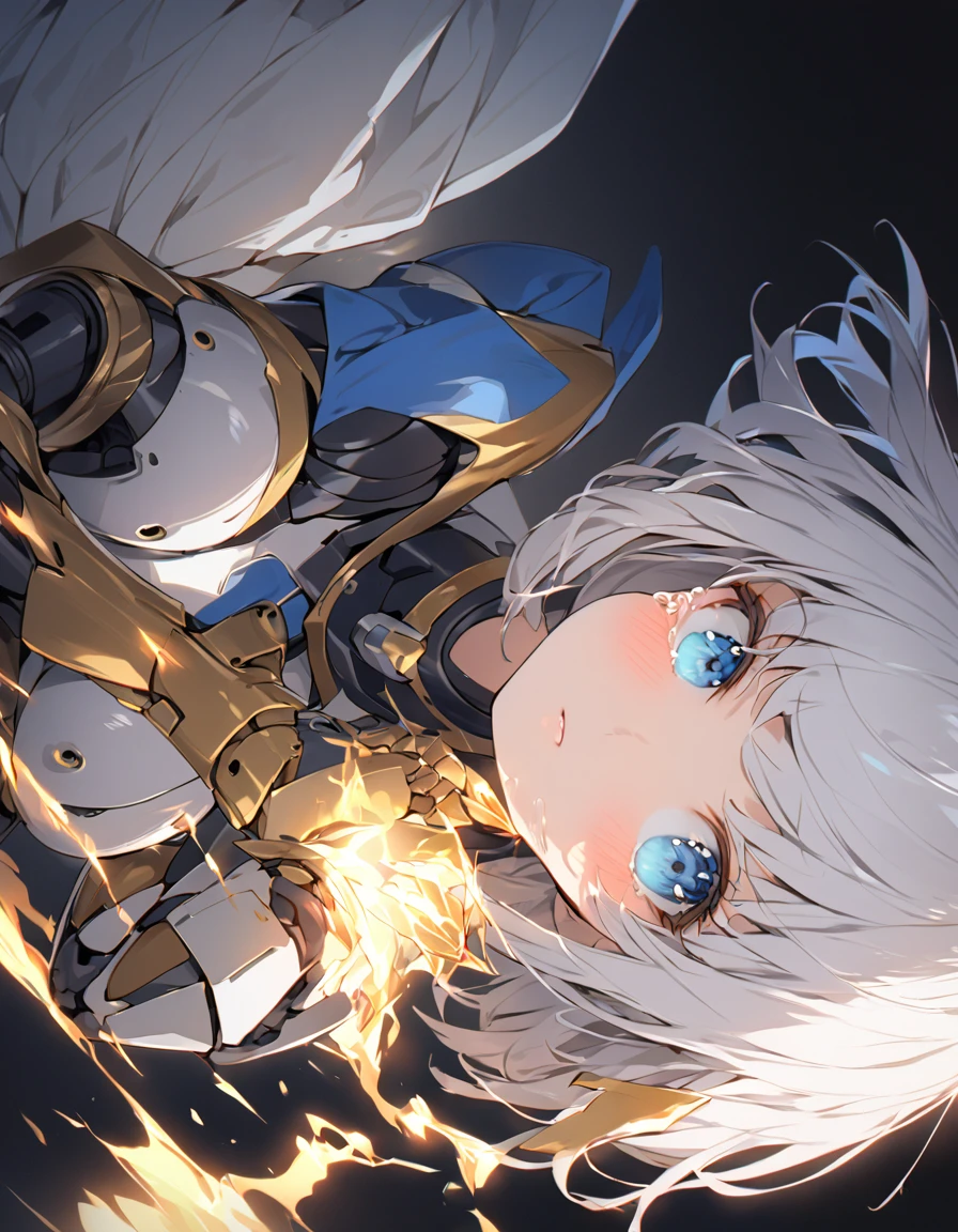 The white-haired girl cried sadly Mechanical joints 傑作 A girl fighting with golden flames (Short Bob Hair:1.4),(blue eyes)glowing flame big tits golden flame on fist Perfect Fingers