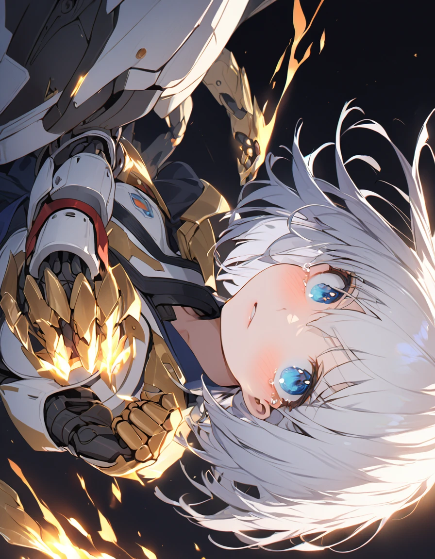 The white-haired girl cried sadly Mechanical joints 傑作 A girl fighting with golden flames (Short Bob Hair:1.4),(blue eyes)glowing flame big tits golden flame on fist Perfect Fingers