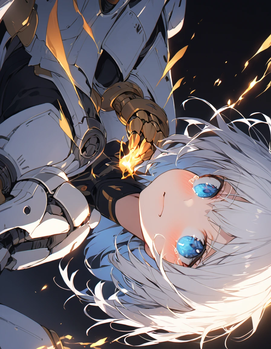The white-haired girl cried sadly Mechanical joints 傑作 A girl fighting with golden flames (Short Bob Hair:1.4),(blue eyes)glowing flame big tits golden flame on fist Perfect Fingers