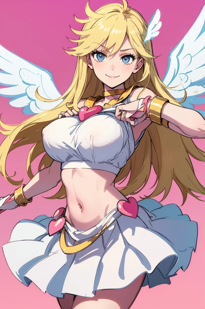 masterpiece, best quality, crop top, brooch, bridal gauntlets, white skirt, choker, armlet, bracelet, angel wings, clouds, pink background, smile, bright, huge round breasts, poses,