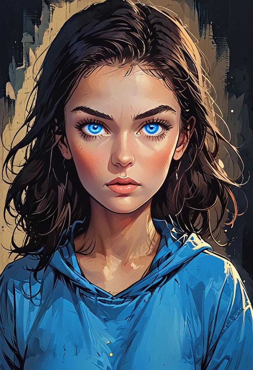 (hypnitized:1.4), (((glowing blue eyes, blue spiral eyes, blue kee eyes, ))) portrait girl in Blue oversized hoodie at dark green background, adult, [Nordic], Hourglass elongated fitness body, perfect Olive skin, Oval Face, Long neck, Rounded shoulders, perfect hand, Attached Pointed ears, round forehead, Short blonde Waves pixie hair, snub nose, Arched eyebrows, High Round Narrow cheekbones, Dimpled Cheeks, Rounded Chin, Rounded Jawline, Full nude Lips, Nude Makeup Look, long eyelashes, graphic style of novel comics, 2d, 8k, hyperrealism, masterpiece, high resolution, best quality, ultra-detailed, super realistic, Hyperrealistic art, high-quality, ultra high res, highest detailed, lot of details, Extremely high-resolution details, incredibly lifelike, colourful, soft cinematic light,