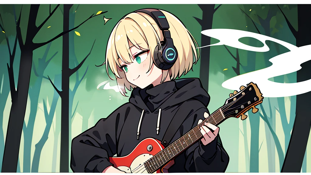 ((highest quality)), ((masterpiece)), (be familiar with), (Playing guitar in the woods)short hair、perfect face,white half-up hair,green mesh blonde、Smoke a cigarette、cool black hoodie,headphones,black gloves,turtleneck,alone,İcon、profile、Right beside、Expressionless、smile、Light-colored clothing