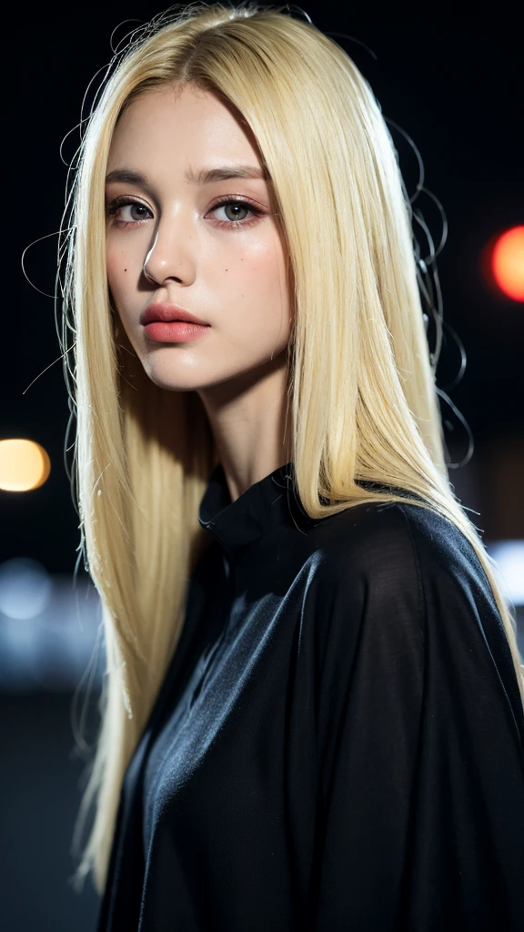((Best Quality, 8k, Masterpiece: 1.3)), Full Body, Focus Sharp: 1.2, Outstanding Beauty: 1.4, Slender Abs: 1.2, (((Blonde, Big: 1.2)), Black clothes: 1.1, (Night City, Street: 1.1), Highly Detailed Face and Skin Texture, Detailed Eyes, Double Eyelids