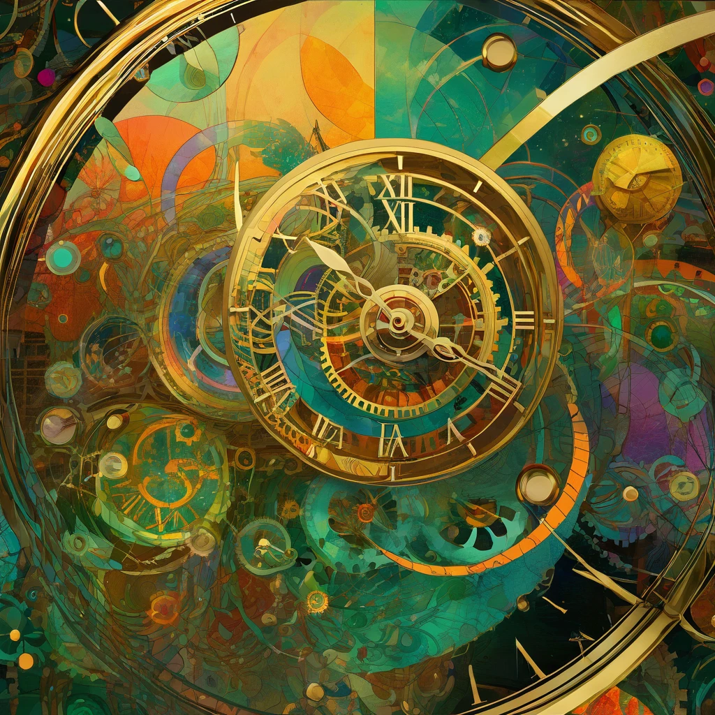 a close up of a clock with many different colored circles, digital art inspired by Victo Ngai, trending on pixabay, psychedelic art, elaborate digital art, maximalism digital art, the flow of time. complex shapes, intricate and epic composition, steampunk digital art, psychedelic surreal art, digital visionary art, digital steampunk art, intricate digital painting, intricate futurism