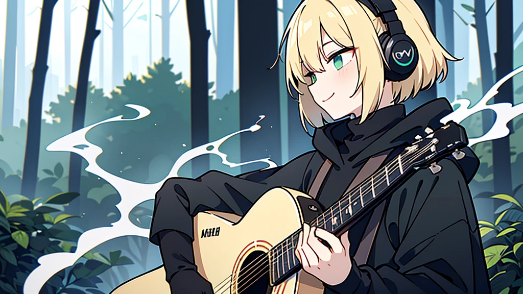 ((highest quality)), ((masterpiece)), (be familiar with), (Playing guitar in the woods)short hair、perfect face,white half-up hair,green mesh blonde、Smoke a cigarette、cool black hoodie,headphones,black gloves,turtleneck,alone,İcon、profile、Right beside、Expressionless、smile、Light-colored clothing
