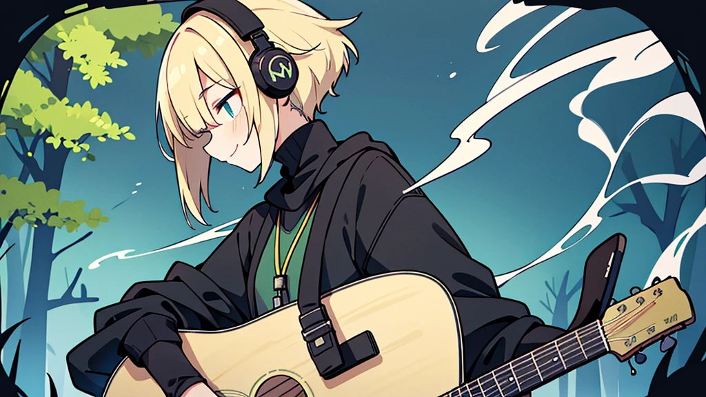 ((highest quality)), ((masterpiece)), (be familiar with), (Playing guitar in the woods)short hair、perfect face,white half-up hair,green mesh blonde、Smoke a cigarette、cool black hoodie,headphones,black gloves,turtleneck,alone,İcon、profile、Right beside、Expressionless、smile、Light-colored clothing