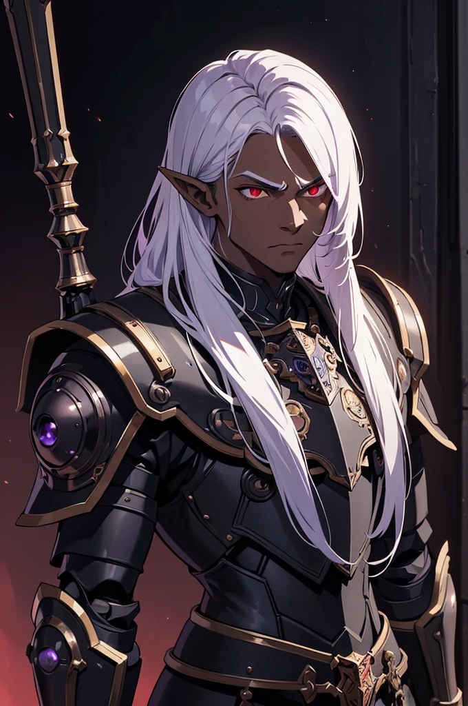 masterpiece, best quality, ultra high res, dark theme, 1boy, (dungeonpunk armor), (mechanical steampunk armor), (wearing armor), fantasy illustration, dark skinned, human, upper body, portrait, red eyes, long white hair, half-drow, pointy ears, serious face, young man, dramatic lighting, purple hue, art by Kinema Citrus