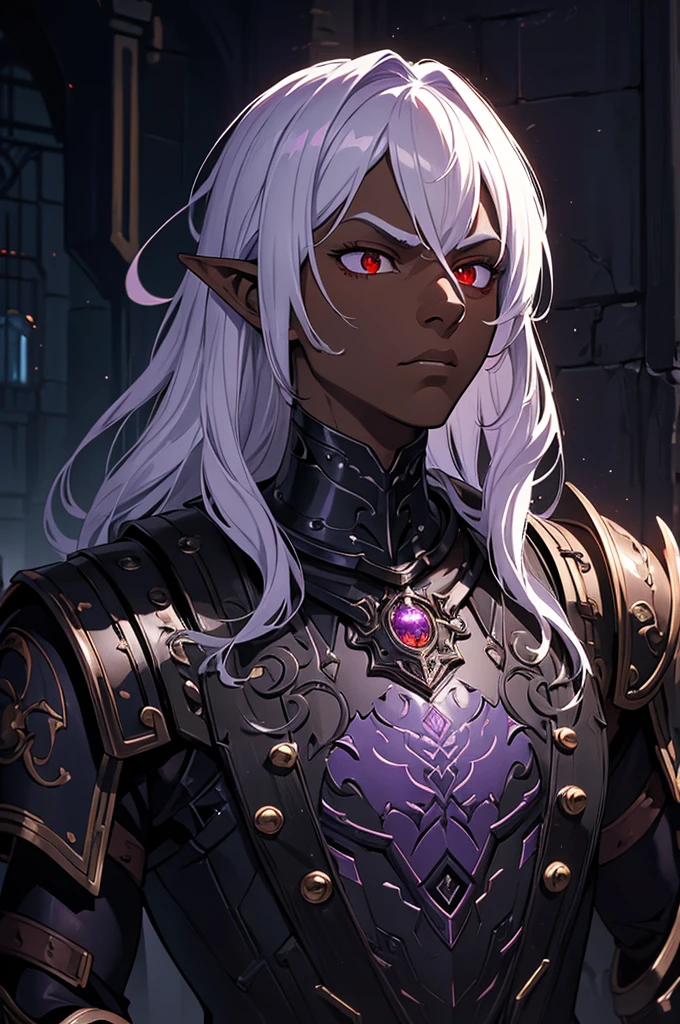 masterpiece, best quality, ultra high res, dark theme, 1boy, (dungeonpunk armor), (mechanical steampunk armor), (wearing armor), fantasy illustration, dark skinned, human, upper body, portrait, red eyes, long white hair, half-drow, pointy ears, serious face, young man, dramatic lighting, purple hue, art by Kinema Citrus