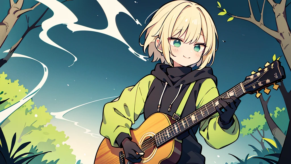 ((highest quality)), ((masterpiece)), (be familiar with), (Playing guitar in the woods)short hair、perfect face,white half-up hair,green mesh blonde、Smoke a cigarette、cool black hoodie,headphones,black gloves,turtleneck,alone,İcon、profile、Right beside、Expressionless、smile、Light-colored clothing