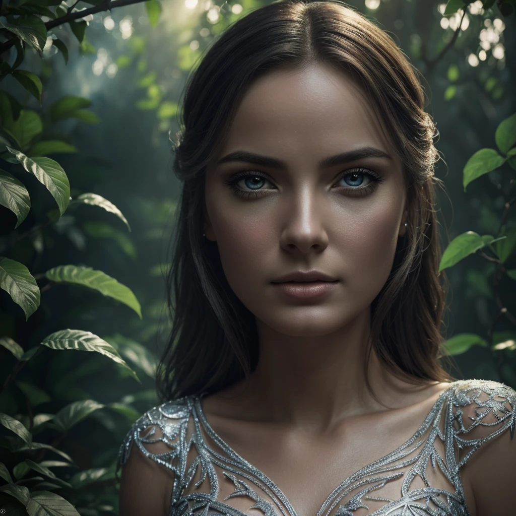 a beautiful woman sitting in a lush garden, time has stopped, the clocks have frozen, colorful spider webs dance in the air, silver fish-like leaves float around, intricate surreal dreamscape, highly detailed, cinematic lighting, moody colors, dramatic atmosphere, (best quality,4k,8k,highres,masterpiece:1.2),ultra-detailed,(realistic,photorealistic,photo-realistic:1.37),stunning portrait,dramatic lighting,detailed face and eyes,elegant pose,magical realism,fantasy,surreal