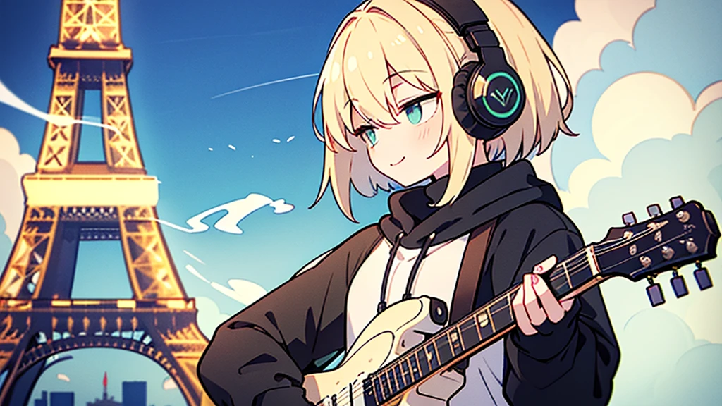 ((highest quality)), ((masterpiece)), (be familiar with), (Playing guitar at the Eiffel Tower)short hair、perfect face,white half-up hair,green mesh blonde、Smoke a cigarette、cool black hoodie,headphones,black gloves,turtleneck,alone,İcon、profile、Right beside、Expressionless、smile、Light-colored clothing