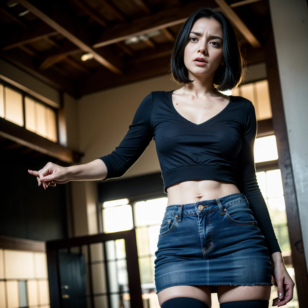 (Best Quality,tmasterpiece,great details, Dynamic frame:1.2),Forest around,The woman,Pronounced wrinkles,Bob haircut,jeans skirt,blouse,Stockings with garters, Detailed eyes and face,expression of despair,An anxious look,A Shameful Situation,Dark and moody lighting,Wrestling Hands,ominous vibe, Laceration, gloomy ecstasy, A Tragic Moment, (Psychological thriller)