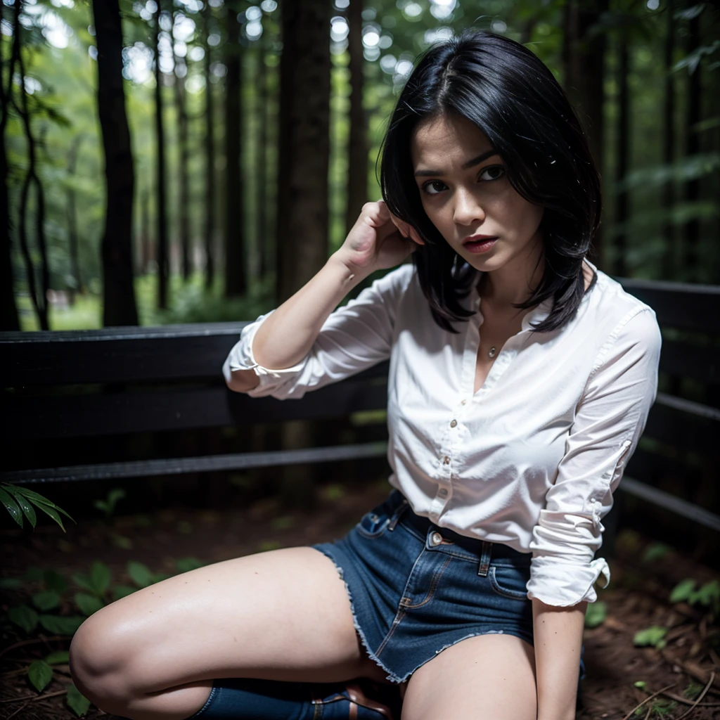 (Best Quality,tmasterpiece,great details, Dynamic frame:1.2),Forest around,The woman,Pronounced wrinkles,Bob haircut,jeans skirt,blouse,Stockings with garters, Detailed eyes and face,expression of despair,An anxious look,A Shameful Situation,Dark and moody lighting,Wrestling Hands,ominous vibe, Laceration, gloomy ecstasy, A Tragic Moment, (Psychological thriller)
