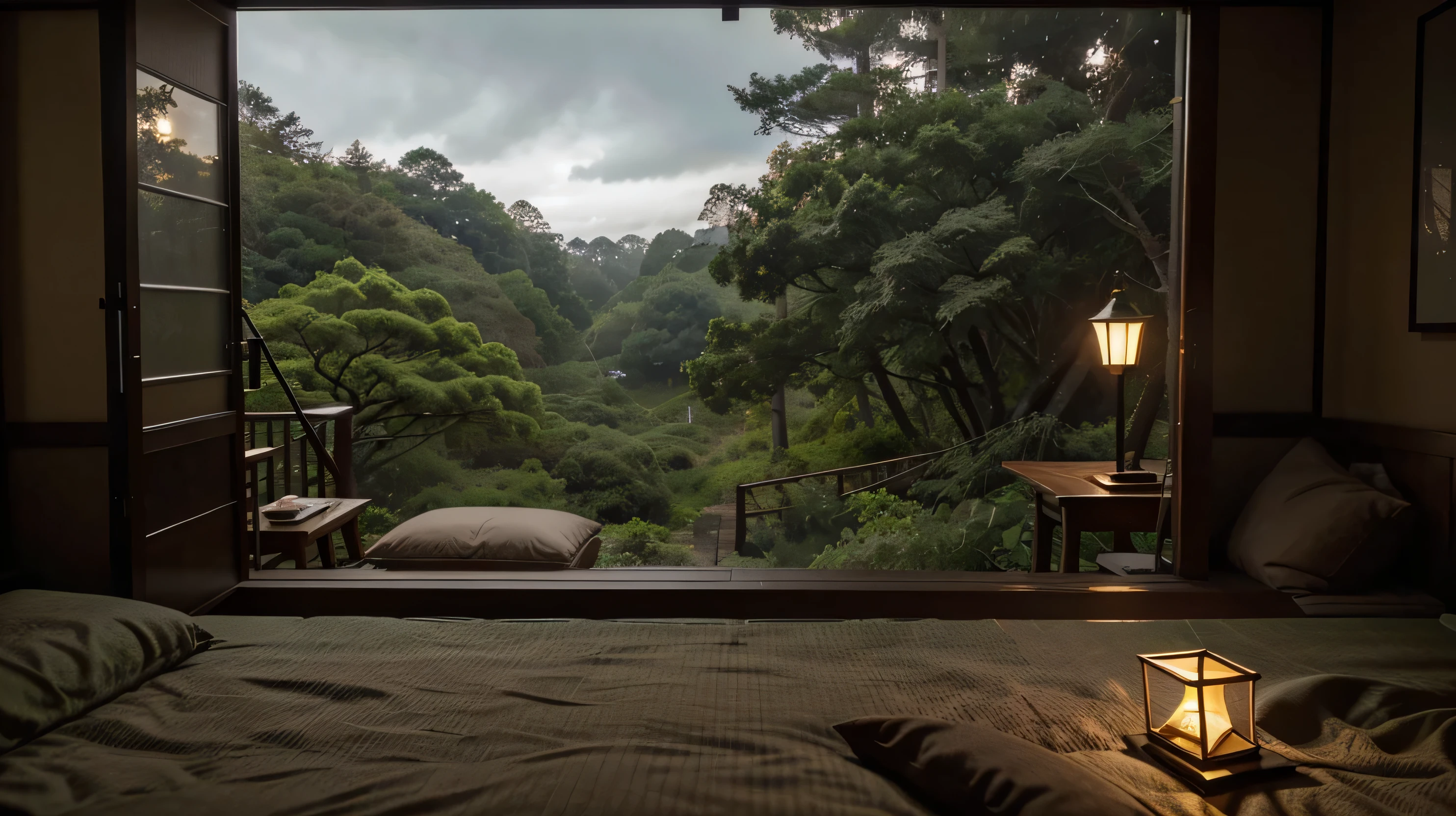 Beyond the bottom bed of the screen,the view outside the door is full of screens, and on the front, a cozy bed is close-up on the side. Outdoor scenery that occupies the entire screen A small wooden table under the bed holds a glowing lamp. The warm light contrasts with the cool colors outside.japan , ultra detailed bedroom, There are pots on the table, adding a little green color. It's an outdoor wooden boat wet, heavy fog, wet, deep forest, Beyond the fully open balcony, you can see traditional Japanese houses through dense leaves. Their silhouettes are gently illuminated by the ambient light. Dark and cloudy skies suggest evening or cloudy days. prodigious amounts of information, realistic, HD, clear, high resolution, ultra wide shot, depth of field, bokeh, cinematic atmosphere., Macro photography, close-up, hyper detailed, trending on artstation, sharp focus, studio photo, intricate details, highly detailed, modern japanese bedroom, rock, dark forest view, waterfall, high cliff,