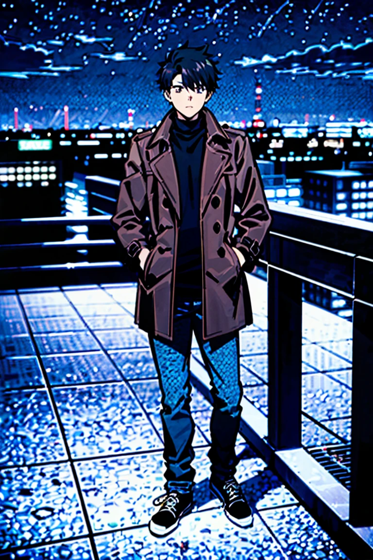 ((comic, illustration)), (best quality)), ((masterpiece)), (detailed), ((night)), ager, solo, 1boy, male focus, black trench coat, short hair, black hair, spiky hair, jeans, rubber shoes, cityscape, lineart, thick lines, itadori, itadori_yuuji, hair bangs, muscular, turtleneck