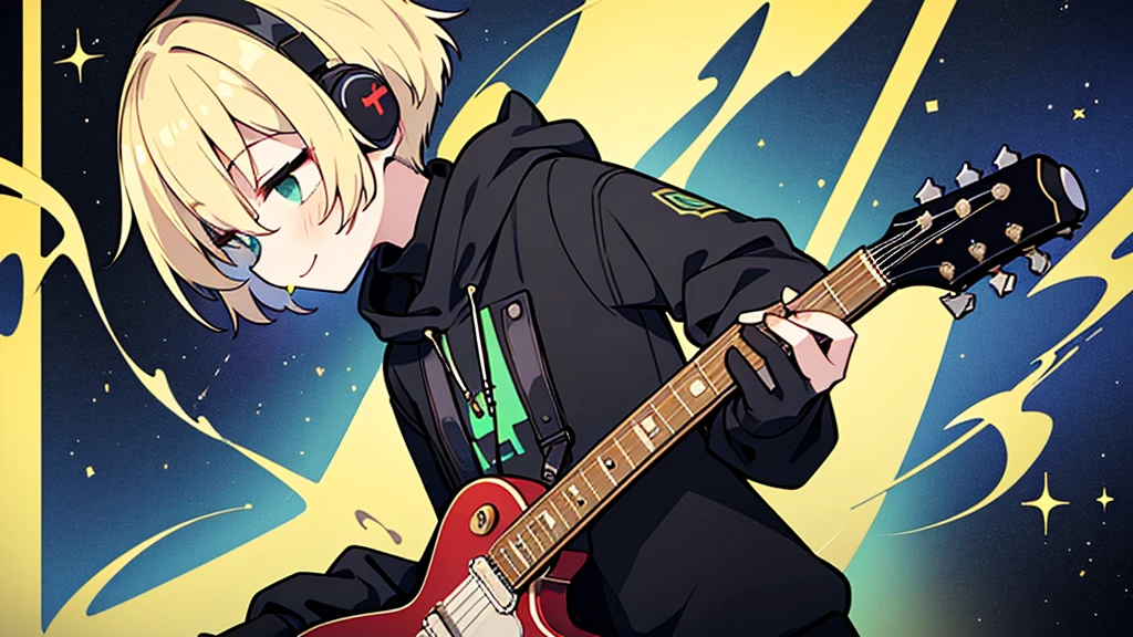 ((highest quality)), ((masterpiece)), (be familiar with), (Playing guitar in space)short hair、perfect face,white half-up hair,green mesh blonde、Smoke a cigarette、cool black hoodie,headphones,black gloves,turtleneck,alone,İcon、profile、Right beside、Expressionless、smile、Light-colored clothing