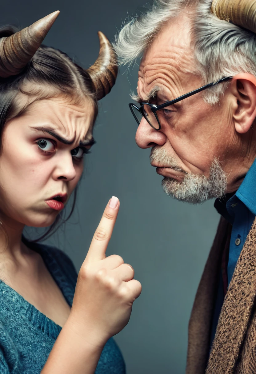 an old man and woman with horns with angry faces, their fingers pointing at a age girl with a sad and gloomy face