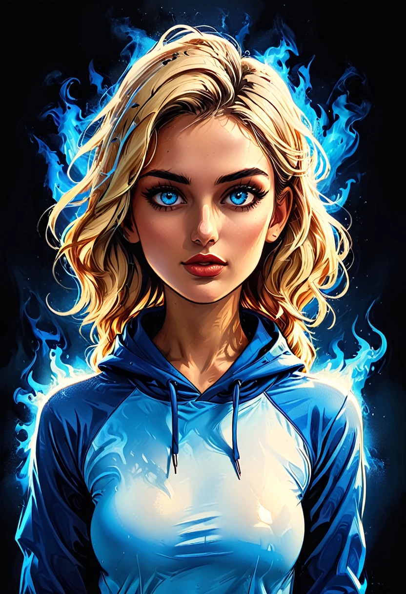 ((((glowing blue eyes, blue flaming eyes, blue eyes trail, flaming eyes, eyes trail,)burningeye,))) deep shadows, dark shadows, ((blue aura):1.5), (dark aura), outline blue light,
portrait girl with flaming blue eyes in Blue oversized hoodie and black Elastic shorts surrounded by a dark blue aura at dark green office, adult, [Nordic], Hourglass elongated fitness body, perfect Olive skin, Oval Face, Long neck, Rounded shoulders, perfect hand,  Attached Pointed ears, round forehead, Short blonde Waves pixie hair, snub nose, Arched eyebrows, High Round Narrow cheekbones, Dimpled Cheeks, Rounded Chin, Rounded Jawline,  Full nude Lips, Nude Makeup Look, long eyelashes, 

 graphic style of novel comics, 2d, 8k, hyperrealism, masterpiece, high resolution, best quality, ultra-detailed, super realistic, Hyperrealistic art, high-quality, ultra high res, highest detailed, lot of details, Extremely high-resolution details, incredibly lifelike, colourful, soft cinematic light,